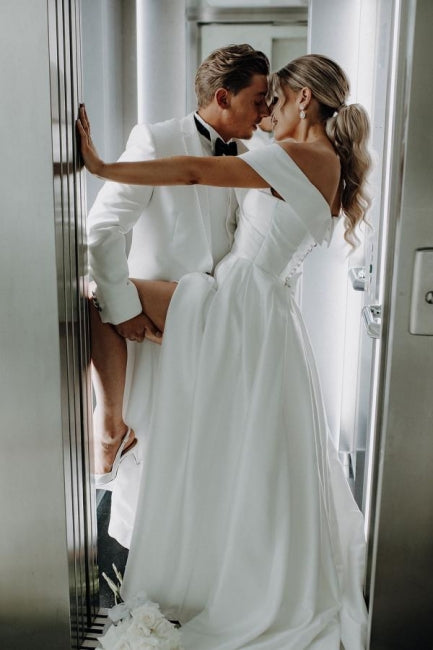Dressystars White Wedding Dress A Line Off The Shoulder Split Front Lace Up Bridal Gown Panel Train