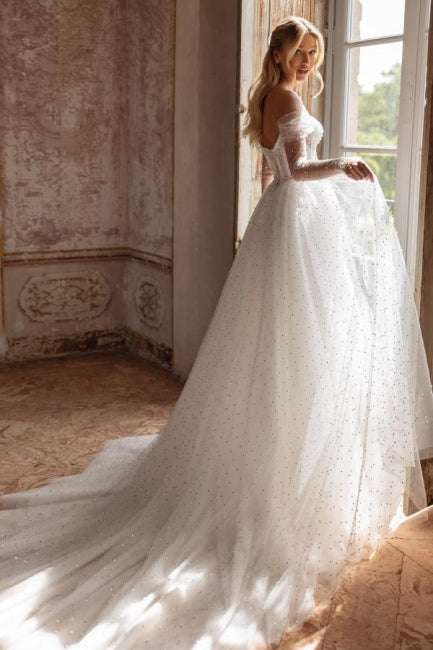 Dressystars White Wedding Dress A Line Off The Shoulder Tulle Rhinestones Pearls Bridal Gown