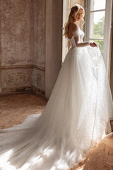 Dressystars White Wedding Dress A Line Off The Shoulder Tulle Rhinestones Pearls Bridal Gown