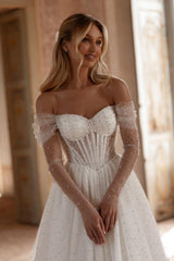 Dressystars White Wedding Dress A Line Off The Shoulder Tulle Rhinestones Pearls Bridal Gown