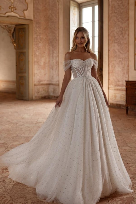 Dressystars White Wedding Dress A Line Off The Shoulder Tulle Rhinestones Pearls Bridal Gown
