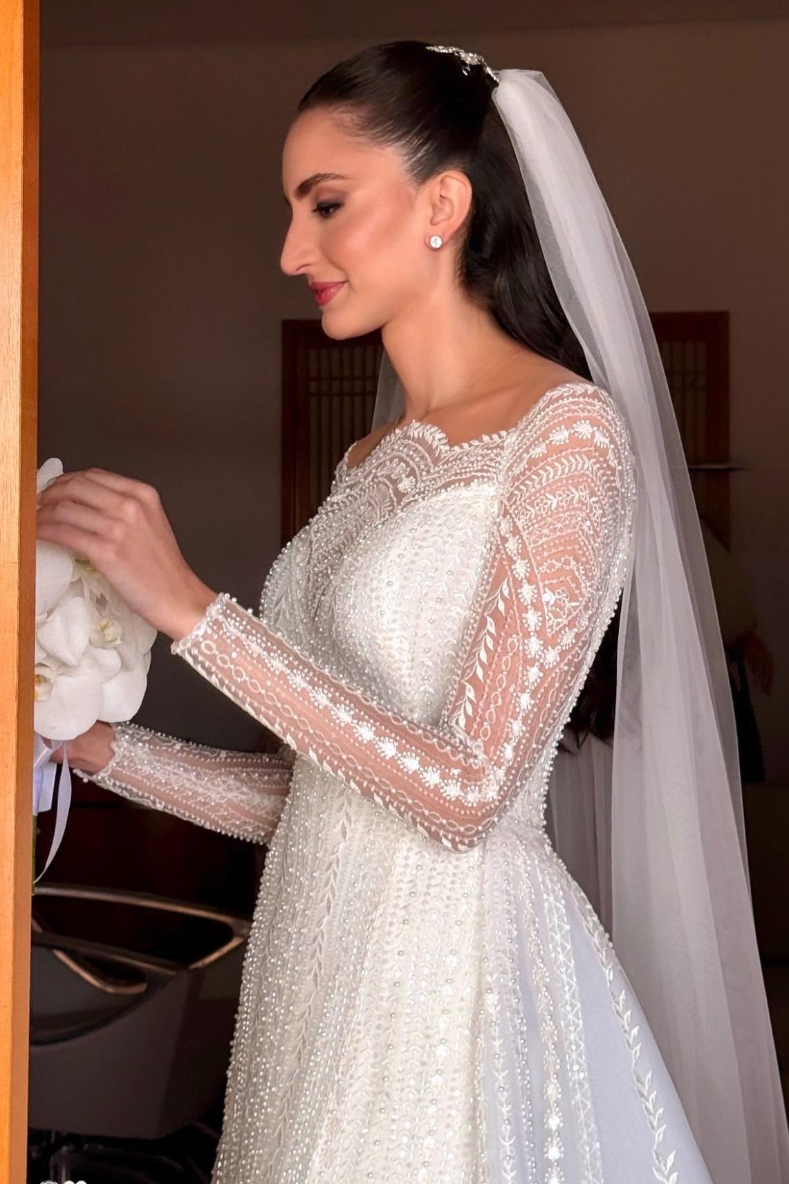 Dressystars White Wedding Dress A Line Sleeves Beaded Lace Capel Train Bridal Gown
