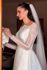 Dressystars White Wedding Dress A Line Sleeves Beaded Lace Capel Train Bridal Gown