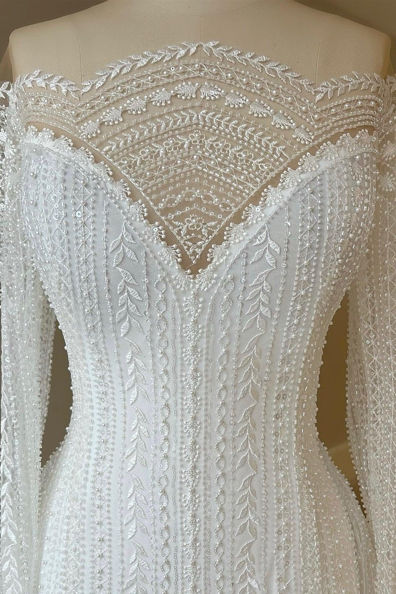 Dressystars White Wedding Dress A Line Sleeves Beaded Lace Capel Train Bridal Gown