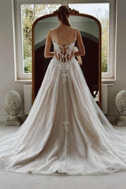 Dressystars White Wedding Dress A Line Spaghetti Strap Beaded Cathedral Train Lace Tulle Bridal Gown With Appliques