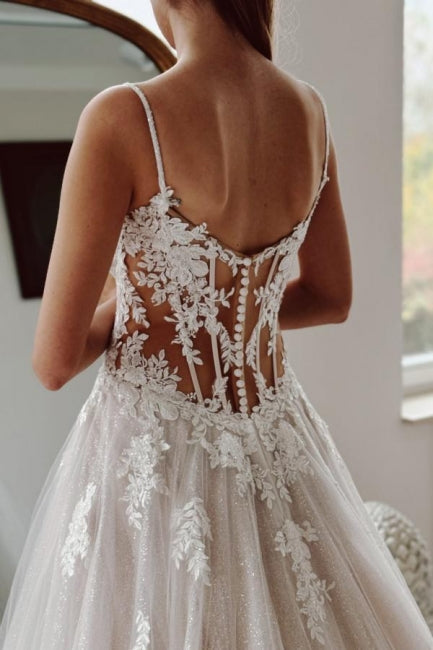 Dressystars White Wedding Dress A Line Spaghetti Strap Beaded Cathedral Train Lace Tulle Bridal Gown With Appliques
