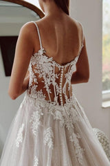 Dressystars White Wedding Dress A Line Spaghetti Strap Beaded Cathedral Train Lace Tulle Bridal Gown With Appliques