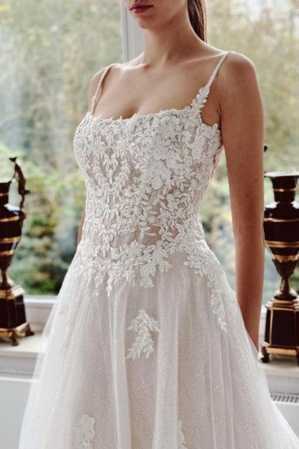 Dressystars White Wedding Dress A Line Spaghetti Strap Beaded Cathedral Train Lace Tulle Bridal Gown With Appliques