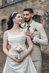 Dressystars White Wedding Dress A Line Spaghetti Strap Ruffle Sweep Train Satin Bridal Gown With Slit