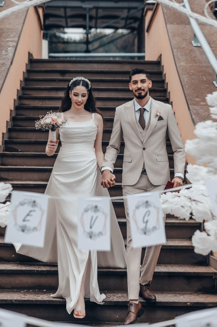 Dressystars White Wedding Dress A Line Spaghetti Strap Ruffle Sweep Train Satin Bridal Gown With Slit