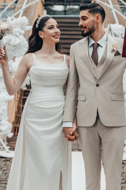 Dressystars White Wedding Dress A Line Spaghetti Strap Ruffle Sweep Train Satin Bridal Gown With Slit