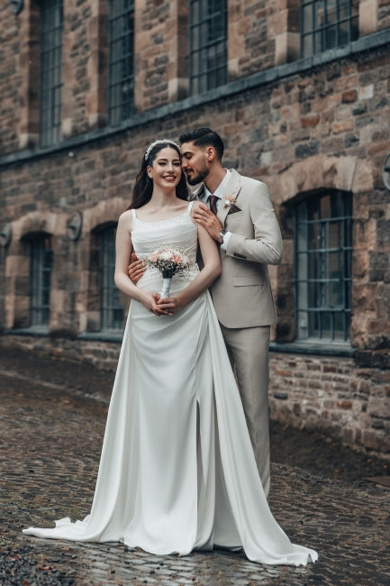Dressystars White Wedding Dress A Line Spaghetti Strap Ruffle Sweep Train Satin Bridal Gown With Slit