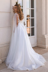 Dressystars White Wedding Dress A Line Spaghetti Strap V Neck Cap Sleeves Tulle Bridal Gown With Appliques