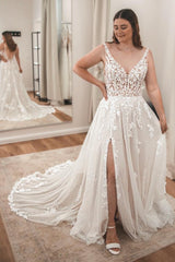 Dressystars White Wedding Dress A Line Spaghetti Strap V Neck Sleeveless Tulle Split Front Bridal Gown With Appliques