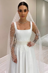 Dressystars White Wedding Dress A Line Spaghetti Straps Sleeveless Beaded Chapel Train Satin Bridal Gown With Pearls