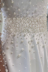 Dressystars White Wedding Dress A Line Spaghetti Straps Sleeveless Beaded Chapel Train Satin Bridal Gown With Pearls