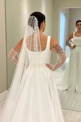 Dressystars White Wedding Dress A Line Spaghetti Straps Sleeveless Beaded Chapel Train Satin Bridal Gown With Pearls
