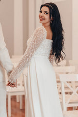 Dressystars White Wedding Dress A Line Square Beaded Sleeves Ruffles Panel Train Satin Bridal Gown