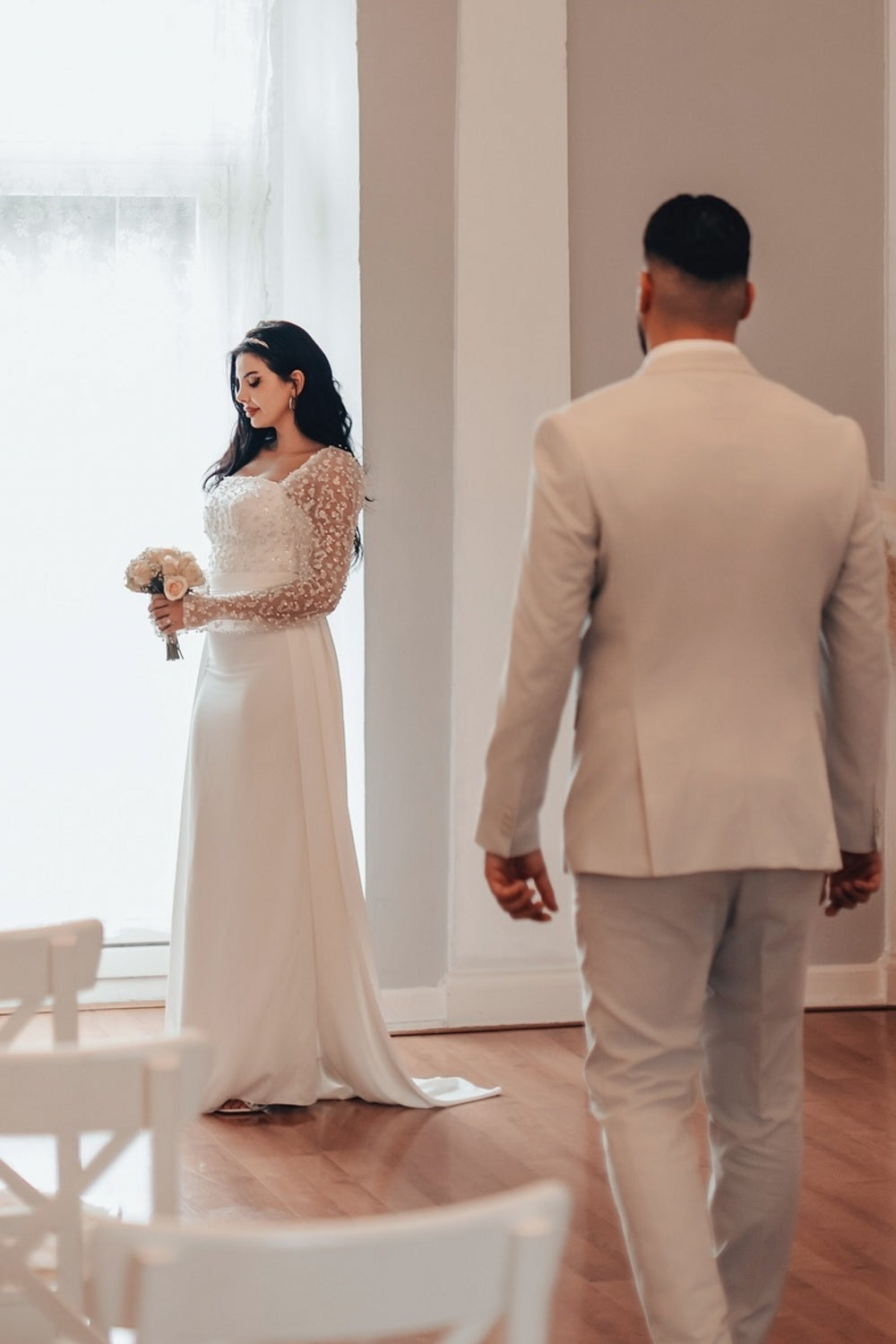Dressystars White Wedding Dress A Line Square Beaded Sleeves Ruffles Panel Train Satin Bridal Gown