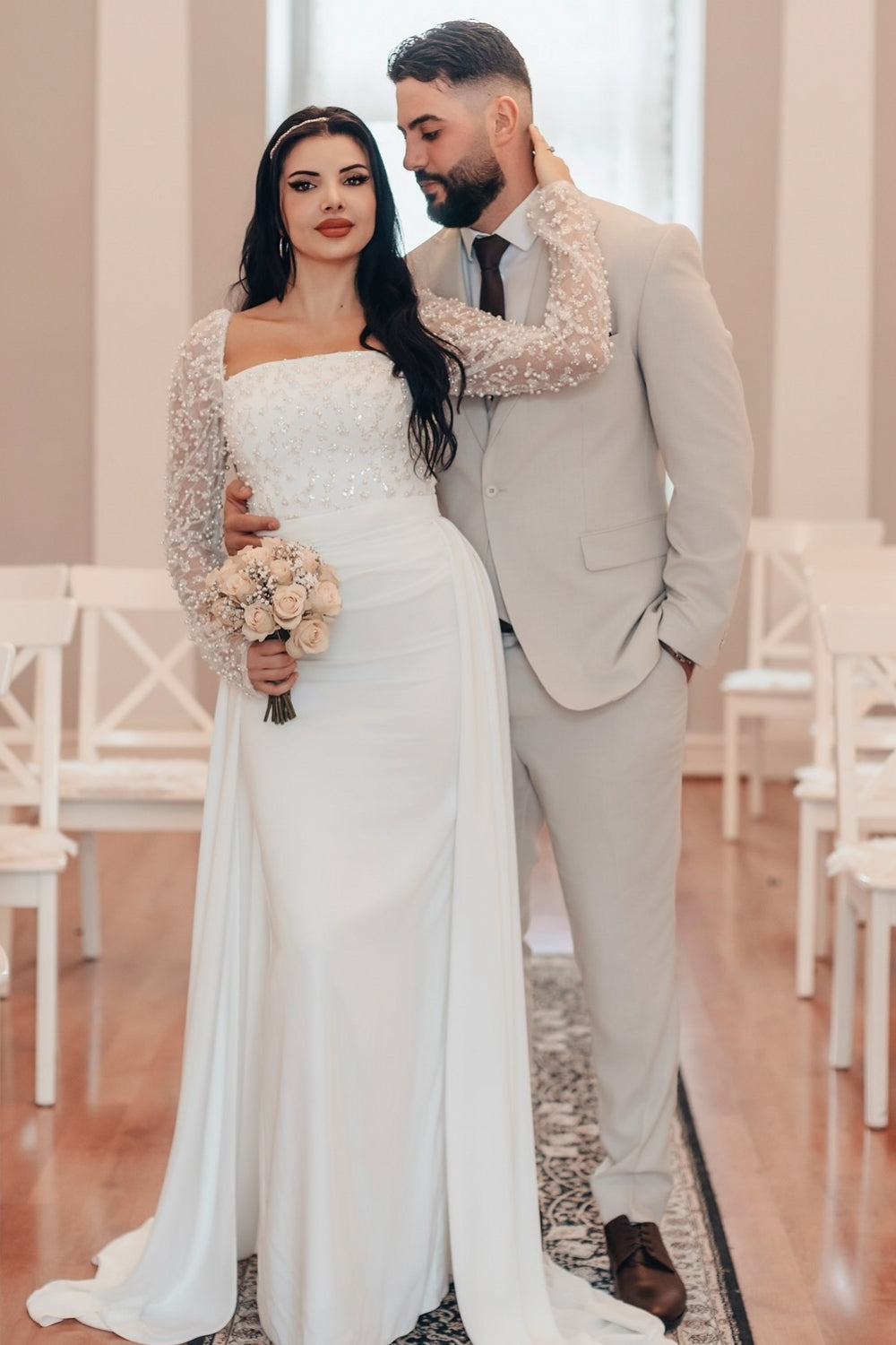 Dressystars White Wedding Dress A Line Square Beaded Sleeves Ruffles Panel Train Satin Bridal Gown