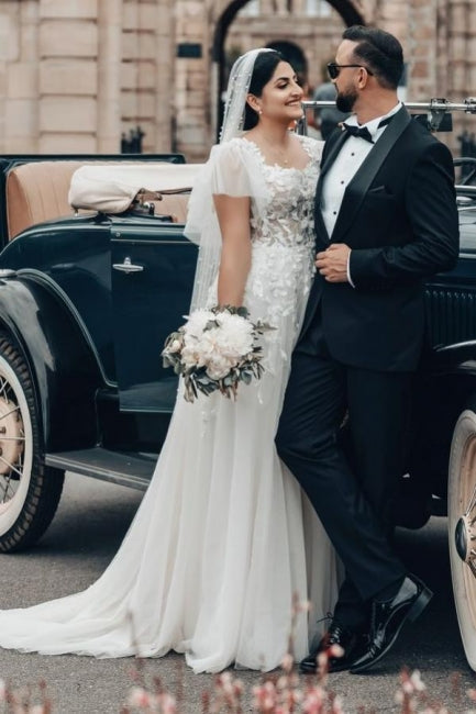 Dressystars White Wedding Dress A Line Square Neck Tulle Lace Bridal Gown With Short Sleeves