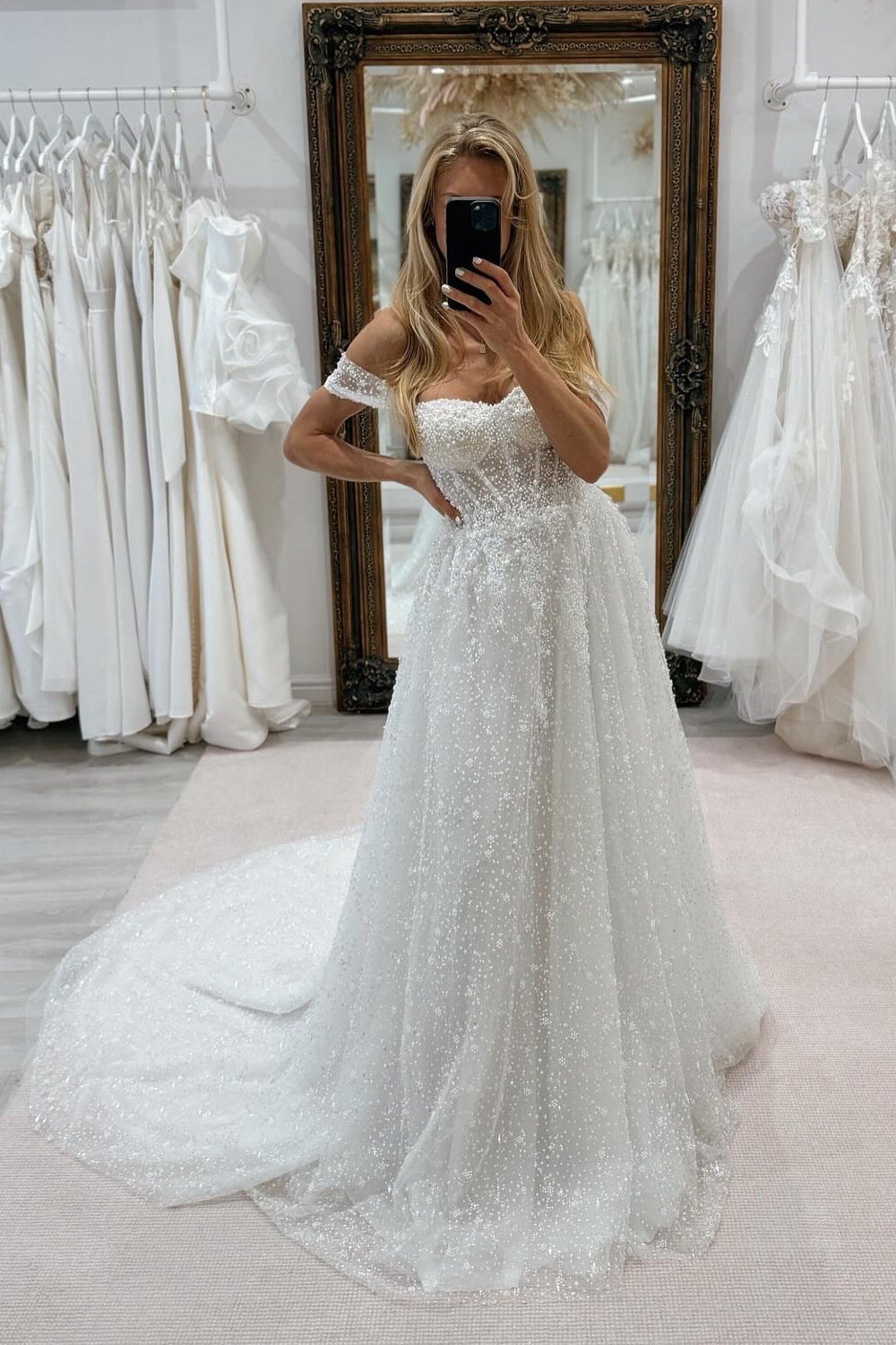 Dressystars White Wedding Dress A Line Strapless Off The Shoulder Sleeveless Beaded Tulle Bridal Gown With Pearls