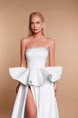 Dressystars White Wedding Dress A Line Strapless Sleeveless Beaded Satin Ruffle Bridal Gown With High Slit