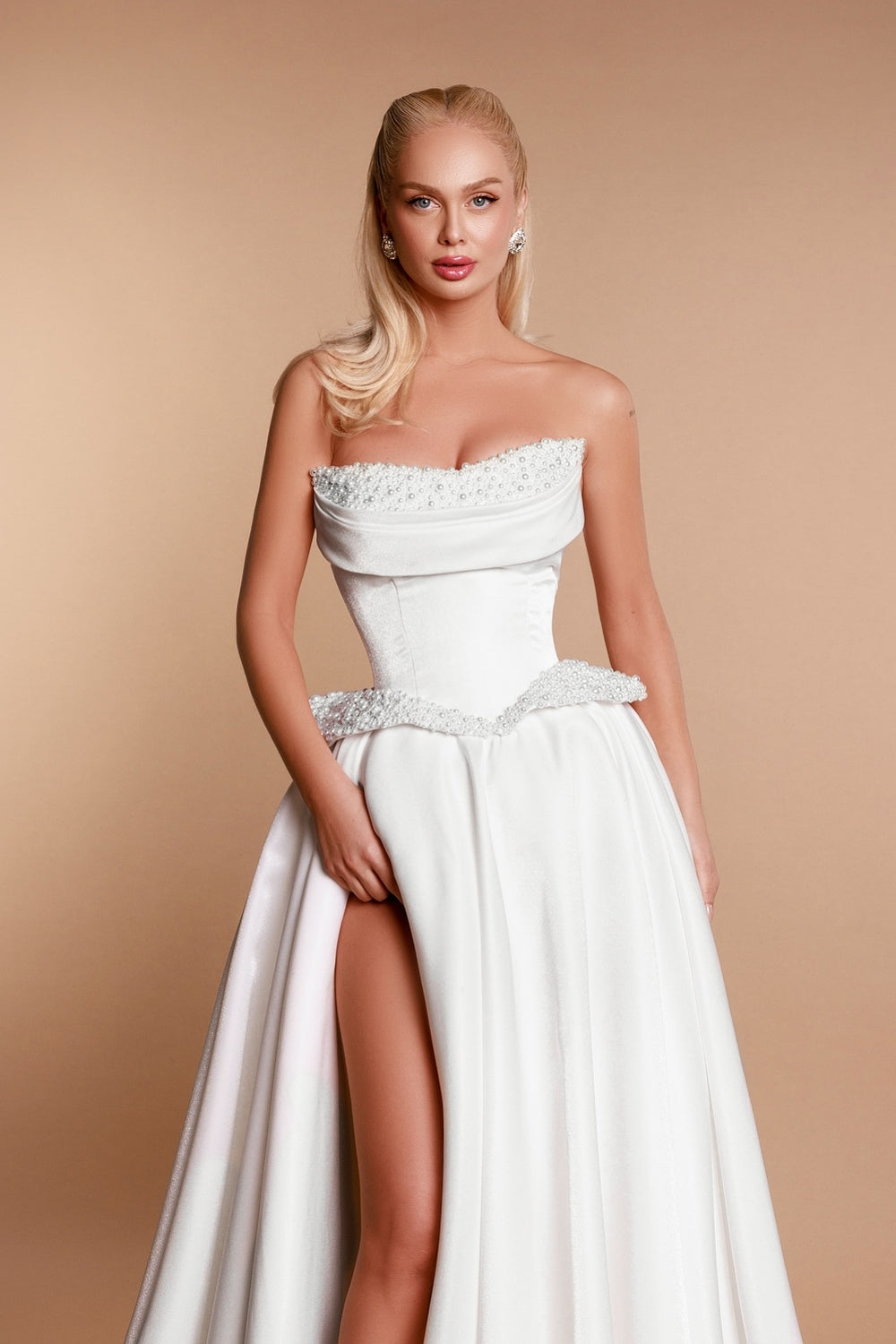 Dressystars White Wedding Dress A Line Strapless Sleeveless Beaded Split Front Satin Bridal Gown With Pearls