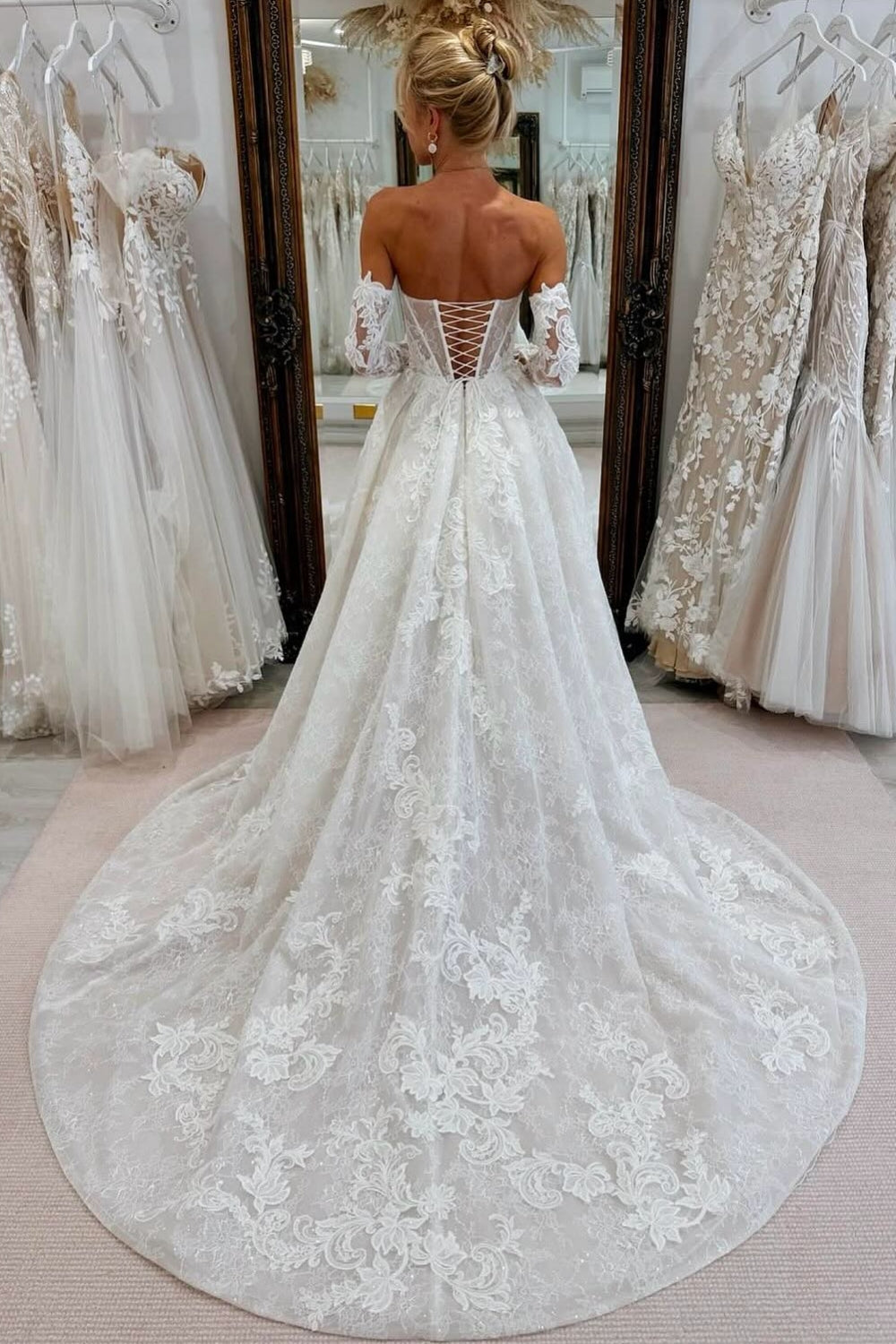 Dressystars White Wedding Dress A Line Strapless Sleeveless Cathedral Train Lace Bridal Gown With Appliques
