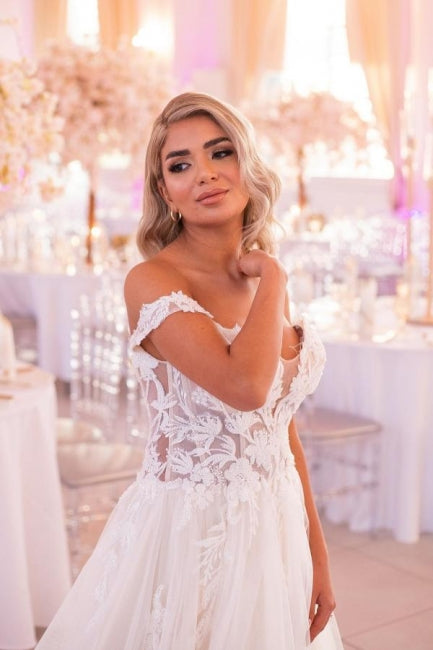 Dressystars White Wedding Dress A Line Sweetheart Off The Shoulder Lace Tulle Bridal Gown With Appliques