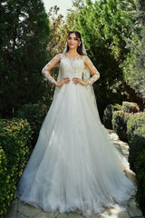 Dressystars White Wedding Dress A Line Sweetheart Sleeves Tulle Bridal Gown With Appliques