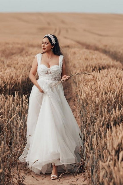 Dressystars White Wedding Dress A Line Tulle Sleeveless Bridal Gown With Lace