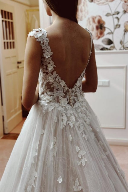 Dressystars White Wedding Dress A Line V Neck Sleeveless Backless Lace Cathedral Train Bridal Gown With Appliques