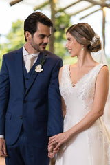 Dressystars White Wedding Dress A Line V Neck Sleeveless Cathedral Train Satin Bridal Gown With Appliques