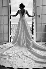 Dressystars White Wedding Dress A Line V Neck Sleeveless Cathedral Train Satin Bridal Gown With Appliques