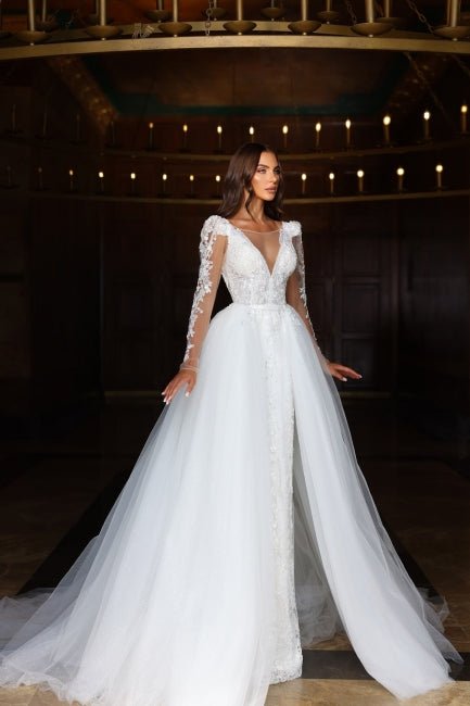 Dressystars White Wedding Dress A Line V Neck Sleeves Backless Ball Gown Lace Tulle Bridal Gown With Slit
