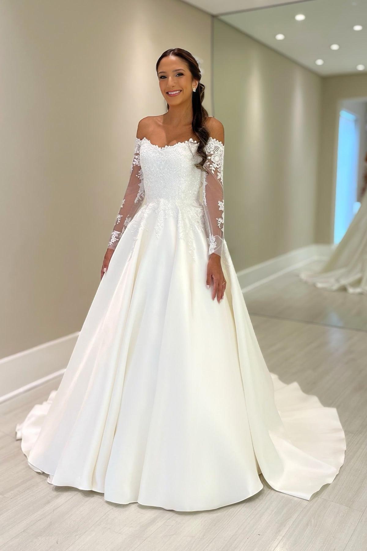Dressystars White Wedding Dress Ball Gown Off The Shoulder Lace Sleeves Chapel Train Satin Bridal Gown
