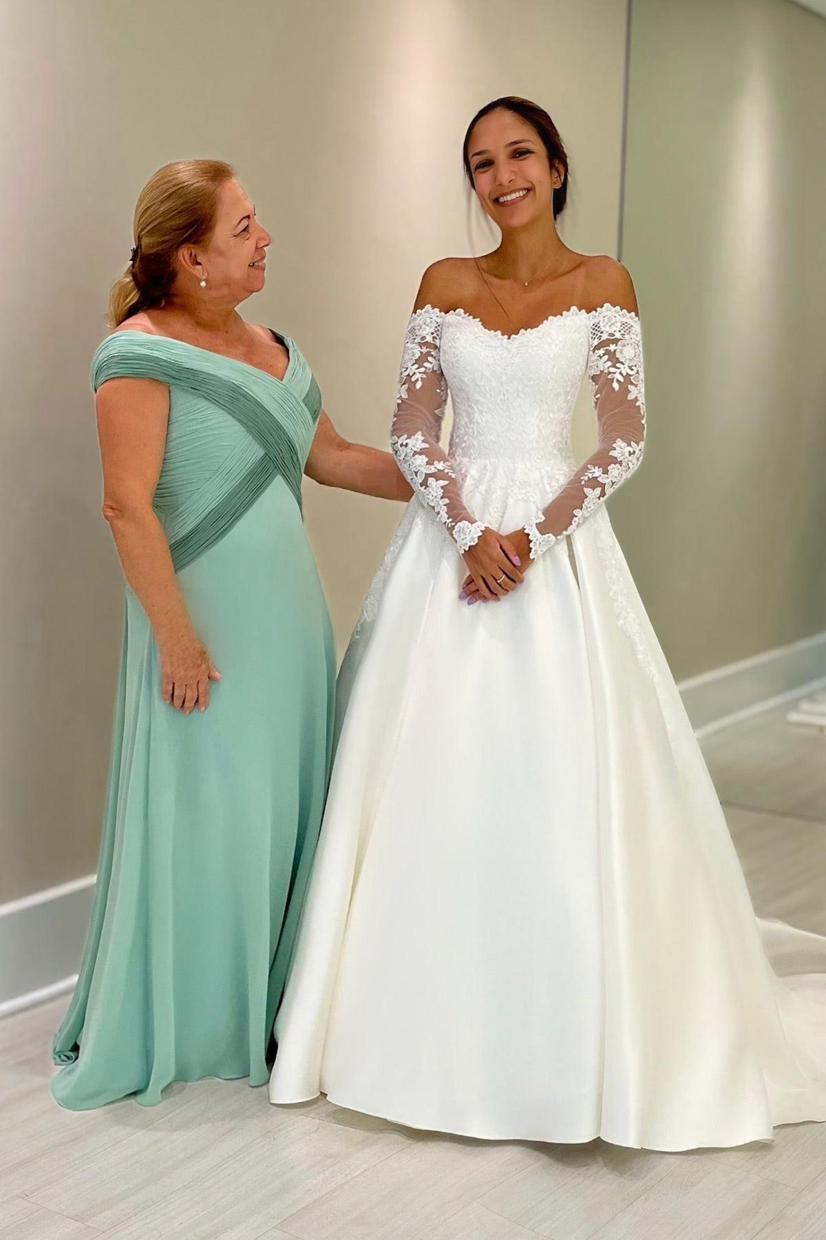 Dressystars White Wedding Dress Ball Gown Off The Shoulder Lace Sleeves Chapel Train Satin Bridal Gown