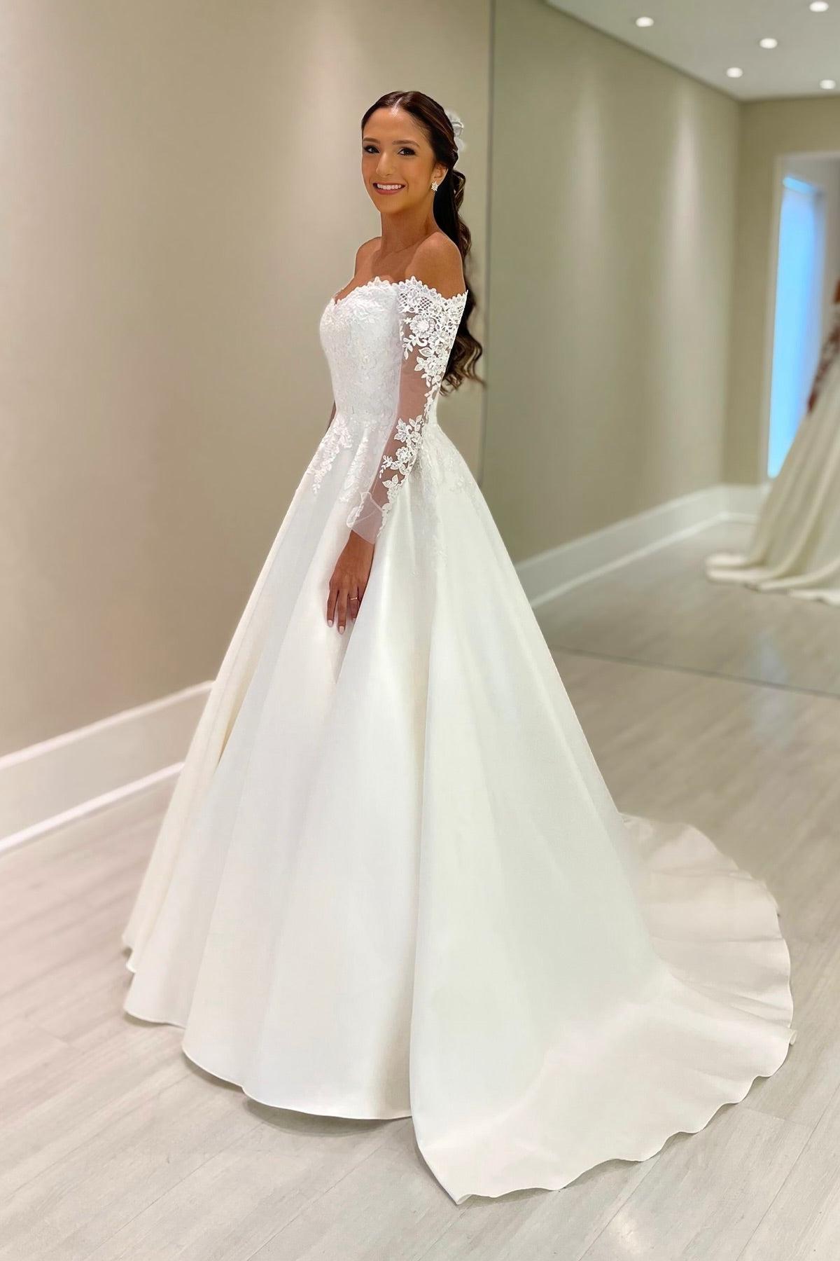 Dressystars White Wedding Dress Ball Gown Off The Shoulder Lace Sleeves Chapel Train Satin Bridal Gown