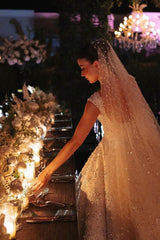 Dressystars White Wedding Dress Ball Gown Square Spaghetti Straps Sleeveless Beaded Sequined Cathedral Train Bridal Gown