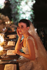 Dressystars White Wedding Dress Ball Gown Square Spaghetti Straps Sleeveless Beaded Sequined Cathedral Train Bridal Gown