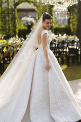 Dressystars White Wedding Dress Ball Gown Square Spaghetti Straps Sleeveless Beaded Sequined Cathedral Train Bridal Gown