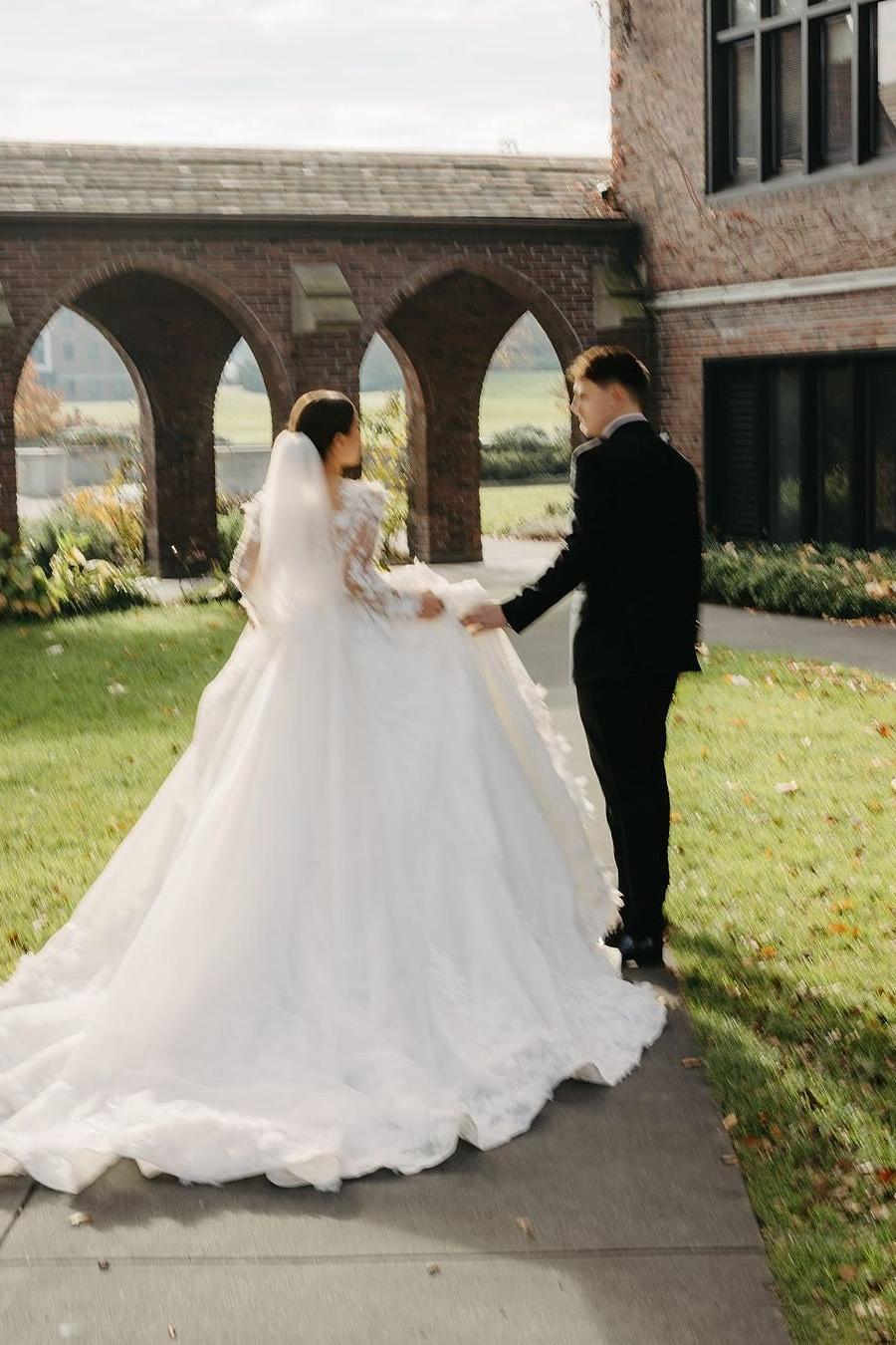 Dressystars White Wedding Dress Ball Gown V Neck Sleeves Cathedral Train Lace Bridal Gown With Appliques