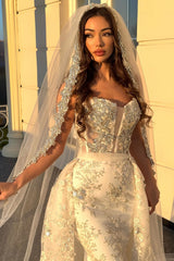 Dressystars White Wedding Dress Column Strapless Beaded Sequined Sleeveless Panel Train Lace Bridal Gown With Rhinestone