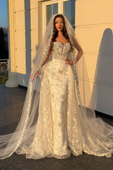Dressystars White Wedding Dress Column Strapless Beaded Sequined Sleeveless Panel Train Lace Bridal Gown With Rhinestone
