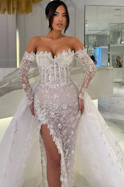 Dressystars White Wedding Dress Column Sweetheart Off The Shoulder Sleeves Panel Train Lace Bridal Gown With Slit