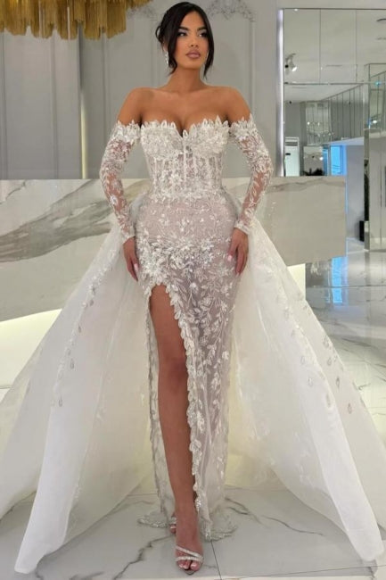 Dressystars White Wedding Dress Column Sweetheart Off The Shoulder Sleeves Panel Train Lace Bridal Gown With Slit