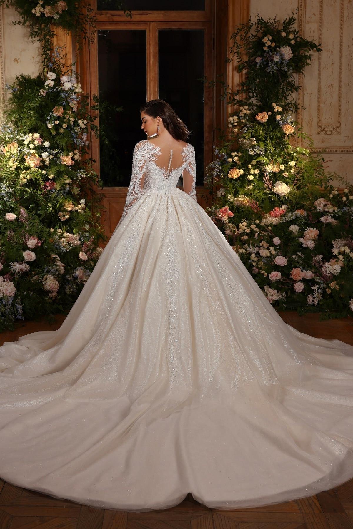 Dressystars White Wedding Dress High Neck A Line Sleeves Ball Gown Cathedral Train Lace Bridal Gown With Sequins