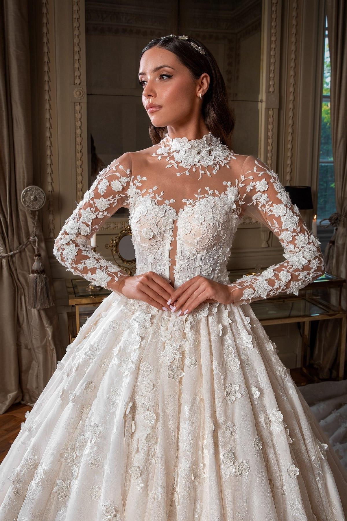 Dressystars White Wedding Dress High Neck Ball Gown Beaded Sleeves Cathedral Train Lace Bridal Gown With Appliques