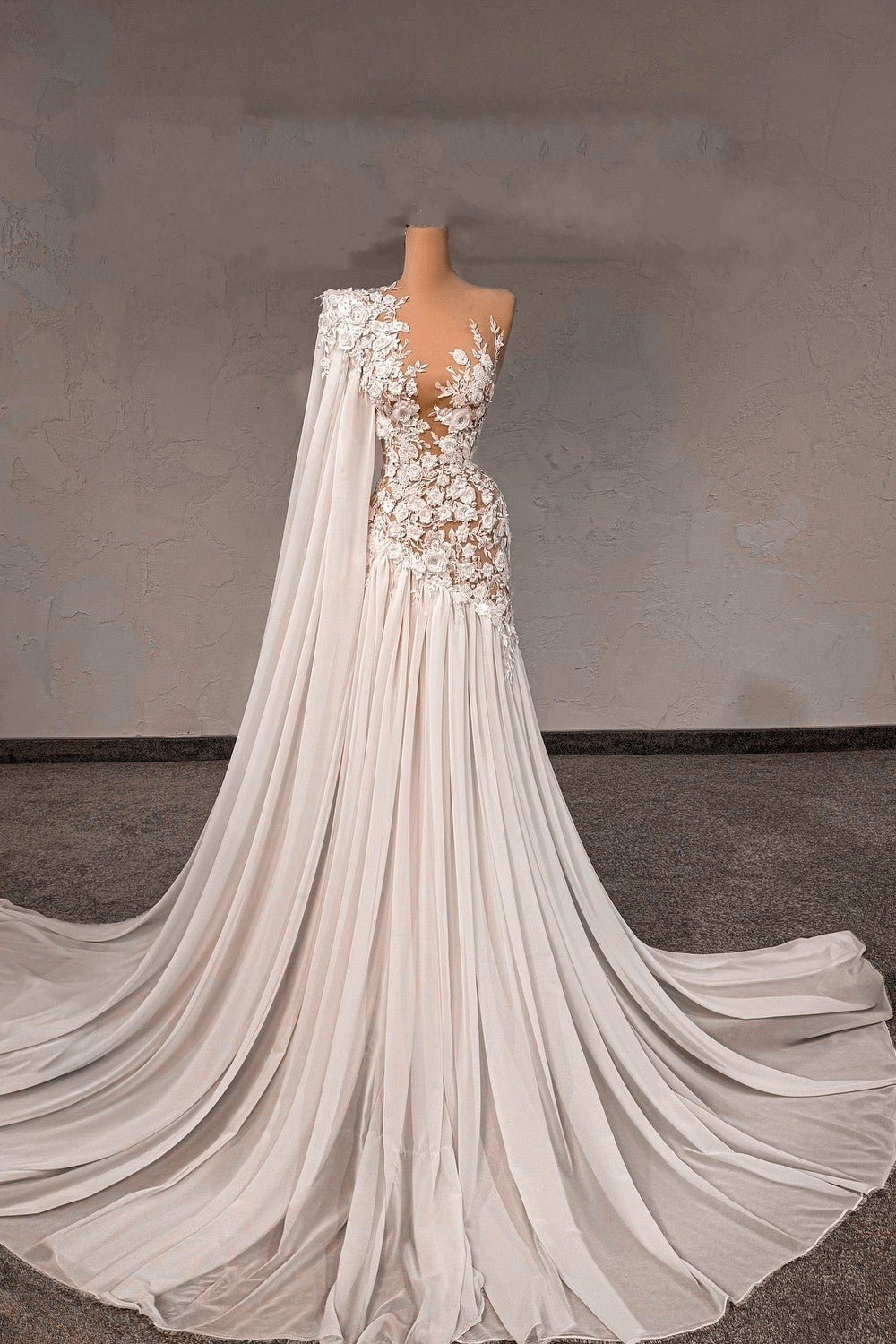 Dressystars White Wedding Dress Lace A Line Beaded Asymmetrical One Shoulder Cap Sleeves Chiffon Bridal Gown With Pearls
